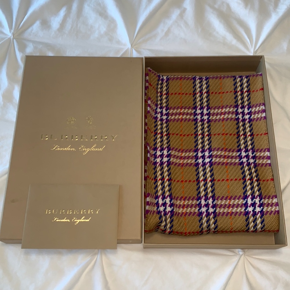 Burberry Tan Plaid Scarf with Purple and Red Stripes